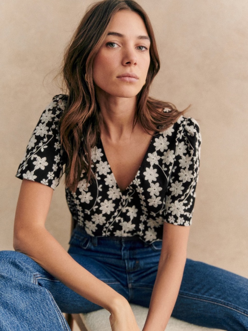 Sezane Black Blouse with White Floral Embroidery - Picture 3 of 9